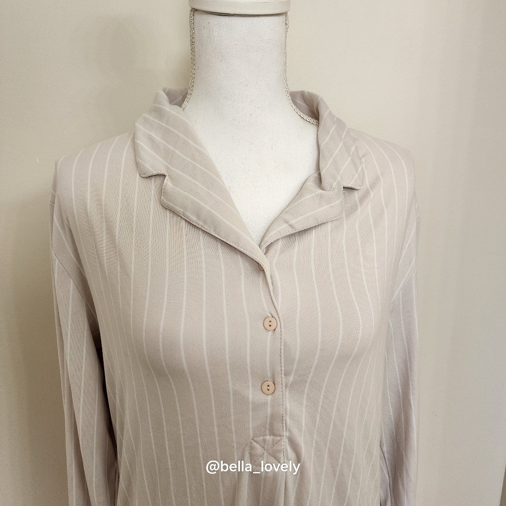 Cozy Cream Striped Women's Pajama Nightgown Dress Sleepwear - Picture 2 of 5